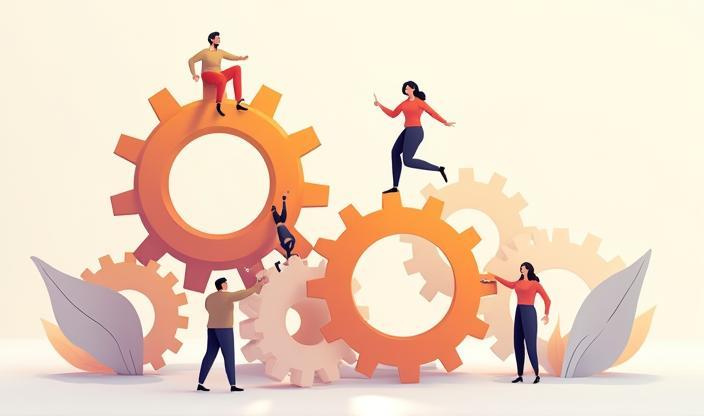 Illustration of gears turning together with people, representing collaboration and improvement.